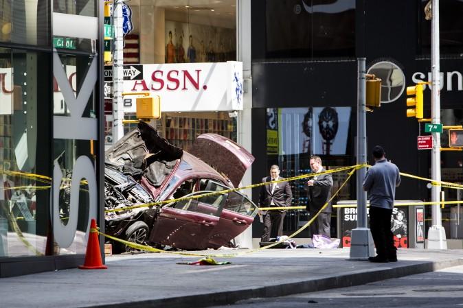 The scene surrounding the area where a vehicle struck pedestrians and crashed in Times Square, New York, on May 18, 2017. (Samira Bouaou/The Epoch Times)