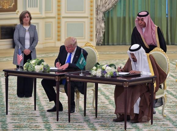 US President Donald Trump (L) and Saudi Arabia's King Salman bin Abdulaziz al-Saud take part in a signing ceremony at the Saudi Royal Court in Riyadh on May 20, 2017. (Mandel Ngan/AFP/Getty Images)