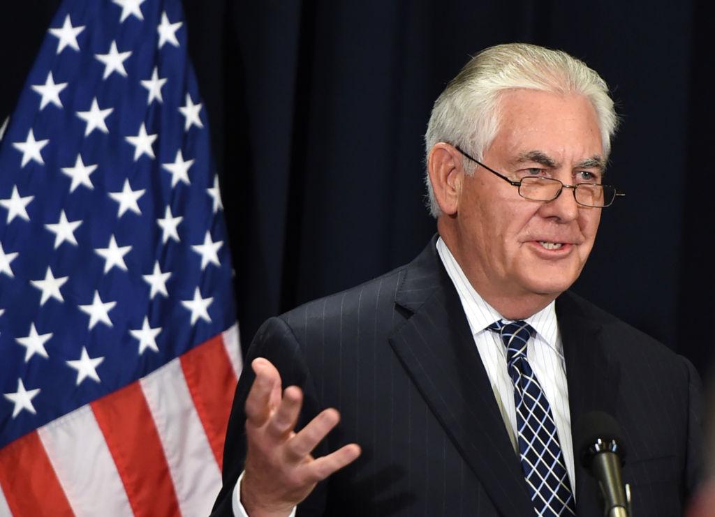Secretary of State Rex Tillerson holds a press conference with the Saudi minister of foreign affairs following a bilateral meeting in Riyadh on May 20, 2017. (FAYEZ NURELDINE/AFP/Getty Images)