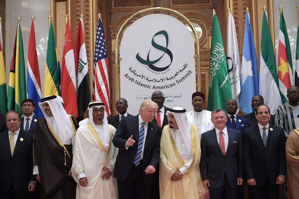 President Donald Trump (C-L), Saudi Arabia's King Salman bin Abdulaziz al-Saud (C-R), Jordan's King Abdullah II (3-R), Egyptian President Abdel Fattah al-Sisi (2-R) and other officials during the Arabic Islamic American Summit at the King Abdulaziz Conference Center in Riyadh on May 21, 2017. (MANDEL NGAN/AFP/Getty Images)