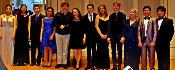 The New York Concerti Sinfonietta's 2017 International Shining Stars celebrate on stage at Carnegie Hall after Friday evening's performance : (L–R) Yein Choi, MSM pianist; Lily Zhou, Dallas pianist; Jeremy Zhang, Dallas pianist; Sidi Bao, DIT Conservatory of Music and Drama violinist; Niall O'Leary, Irish dancer/spoons; Julie Jordan, artistic director/founder of NY Concerti Sinfonietta; Keith Stears and Robyn Richardson, Royal Irish Academy of Music duo; Ben Gannon, Royal Irish Academy of Music oboist; Rebecca Rodgers, Royal Irish Academy of Music soprano; Rowel Friers, Royal Irish Academy of Music pianist; Aidan Chan, DIT Conservatory of Music and Drama pianist. (Jeremy Friers)