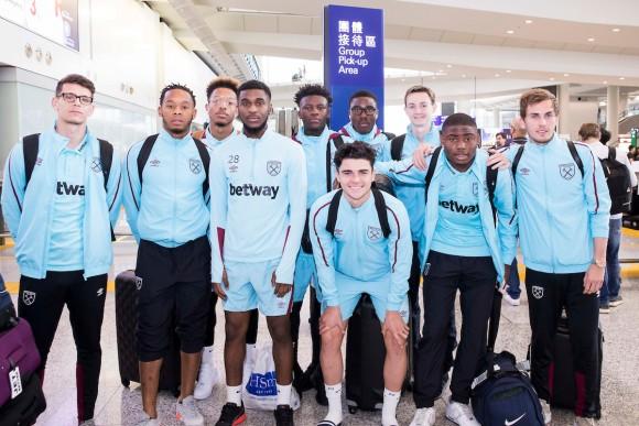 Coaches and players of the West Ham United Academy football team arrive in Hong Kong on Wednesday May 24 in readiness to compete in the HKFC Citi Soccer Sevens to take place from Friday May 26 to Sunday May 28. (King Chung Fung/Power Sport Images)