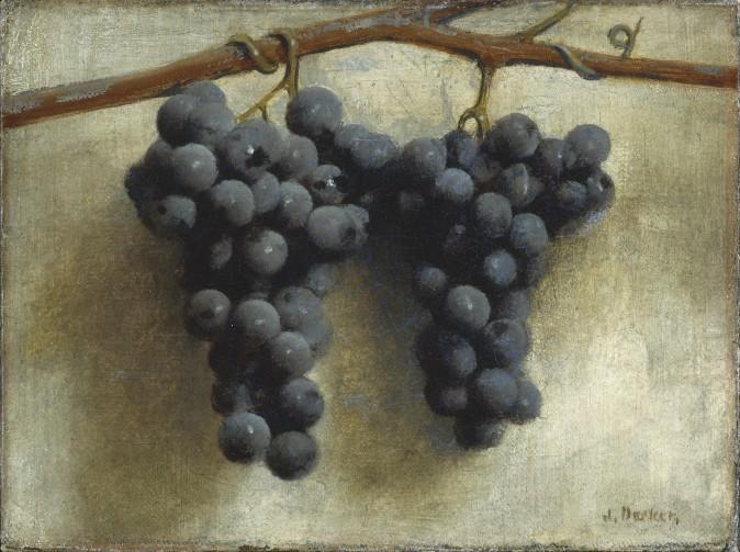 "Grapes," circa 1890/1895, by Joseph Decker (1853–1924, American). Oil on canvas, 9 inches by 12 inches. Collection of Mr. and Mrs. Paul Mellon. (National Gallery of Art)