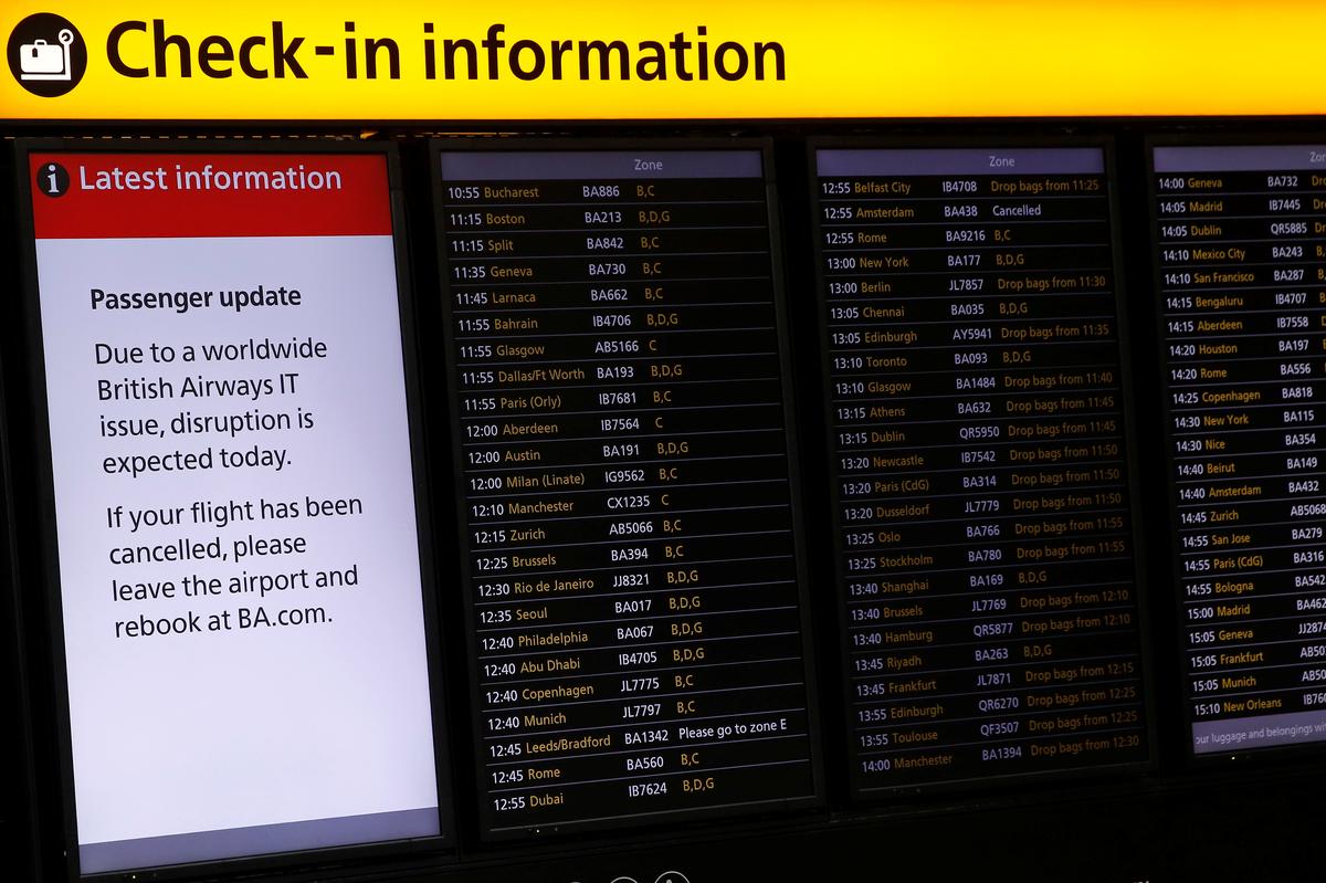 Check-in information boards are displayed at Heathrow Terminal 5 in London, Britain on May 29, 2017. (REUTERS/Stefan Wermuth)