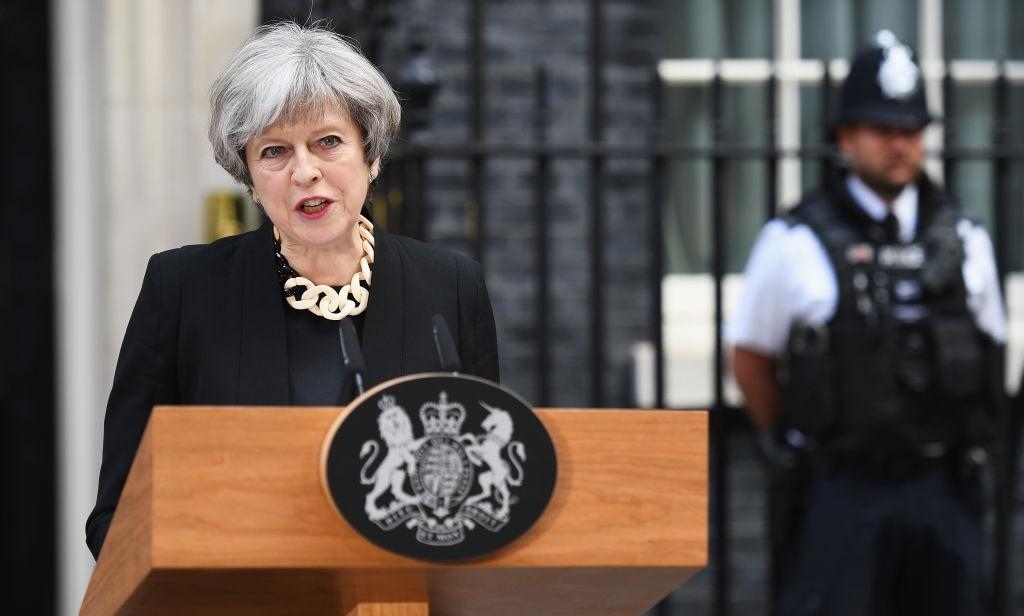 Britain's Prime Minister Theresa May addresses the media as she makes a statement, following a COBRA meeting in response to last nights London terror attack, at 10 Downing Street in London, England on June 4, 2017. (Leon Neal/Getty Images)