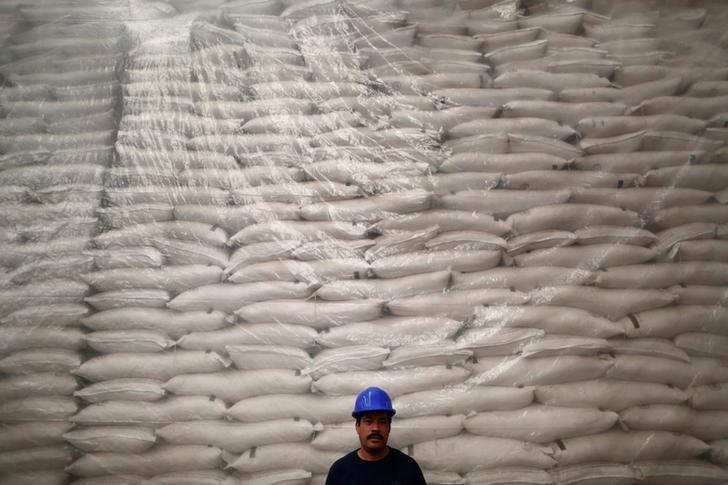 A worker poses for a photo in front of sacks filled with sugar at Emiliano Zapata sugar mill in Zacatepec de Hidalgo, in Morelos state, Mexico on March 7, 2015. (REUTERS/Edgard Garrido)
