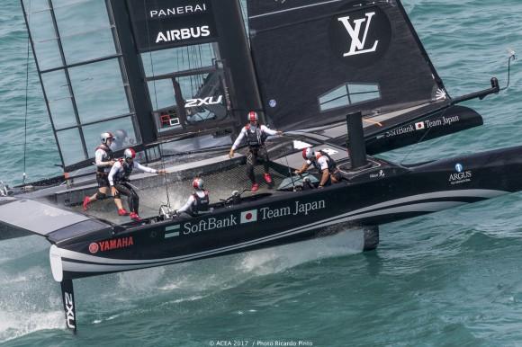 SoftBankTeam Japan open up a 3-1 lead by winning both races on day 2 (June 6) in the Louis Vuitton America's Cup Challenger Playoffs semi-finals. (ACEA 2017/Ricardo Pinto)