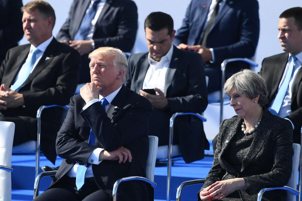 President Donald Trump (C) and Britain's Prime Minister Theresa May (R) during the NATO (North Atlantic Treaty Organization) summit ceremony at the NATO headquarters in Brussels, Belgium on May 25, 2017.(Justin Tallis - Pool/Getty Images)