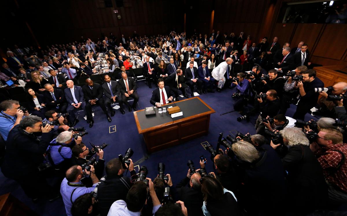 Former FBI Director James Comey prepares to testify before a Senate Intelligence Committee hearing on "Russian Federation Efforts to Interfere in the 2016 U.S. Elections" on Capitol Hill in Washington on June 8, 2017. (REUTERS/Jim Bourg)