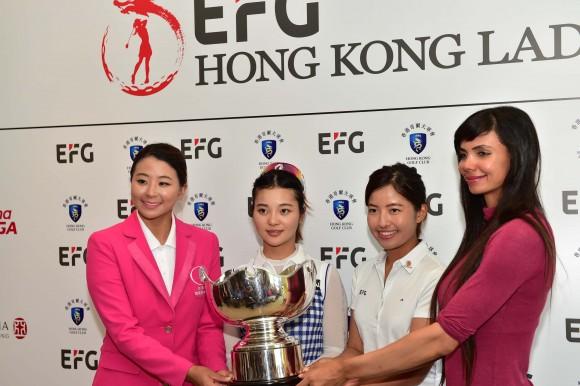 (L-R) Players Kuo Al-Chen of Taiwan, Zhang Weiwei of China, Tiffany Chan of Hong Kong, and Sharmila Nicollet of India at the press conference at Hong Kong Golf Club Fanling on Wednesday June 7, 2017. (Bill Cox/Epoch Times)