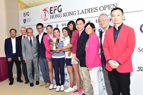 VIP guests together with players Kuo Al-Chen of Taiwan, Zhang Weiwei of China, Tiffany Chan of Hong Kong, and Sharmila Nicollet of India at the press conference at Hong Kong Golf Club Fanling on Wednesday June 7, 2017. (Bill Cox/Epoch Times)