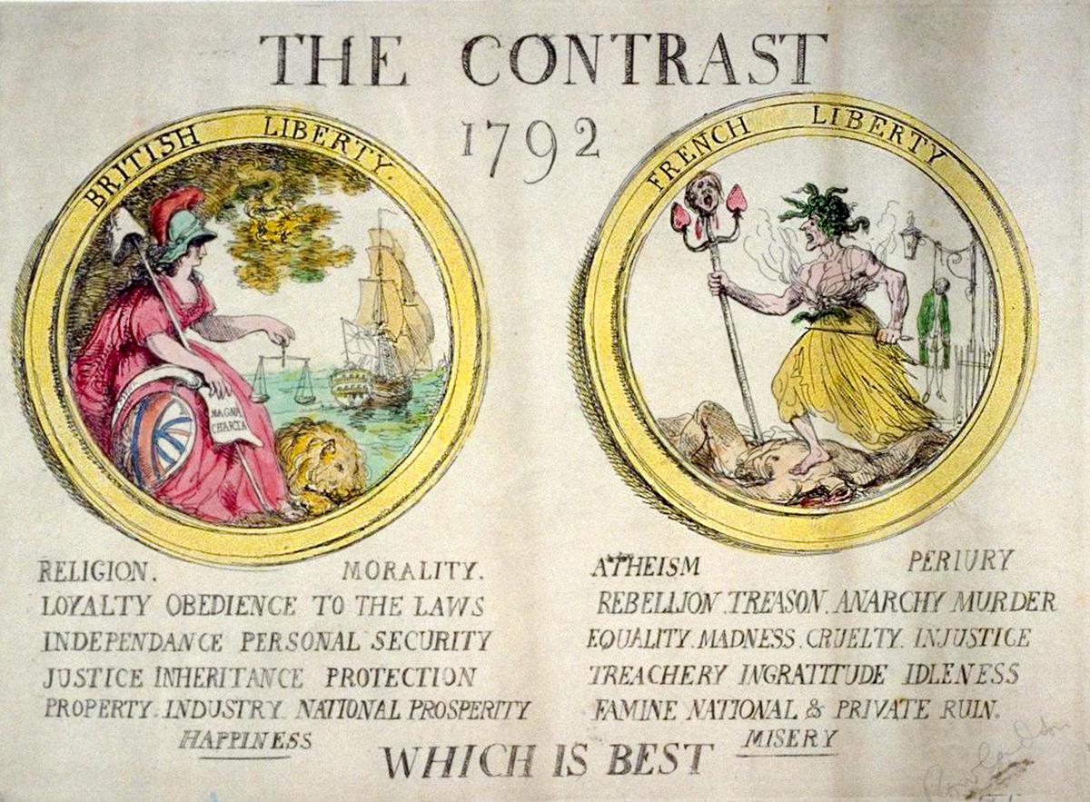 A 1792 caricature by Thomas Rowlandson contrasts "British Liberty" and "French Liberty" at the time of the French Revolution.