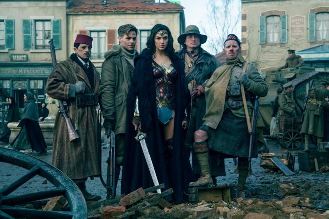 (L-R) Saïd Taghmaoui as Sameer, Chris Pine as Steve Trevor, Gal Gadot as Diana, Eugene Brave Rock as The Chief and Ewen Bremner as Charlie in the action adventure "Wonder Woman." (Clay Enos/TM & DC Comics)