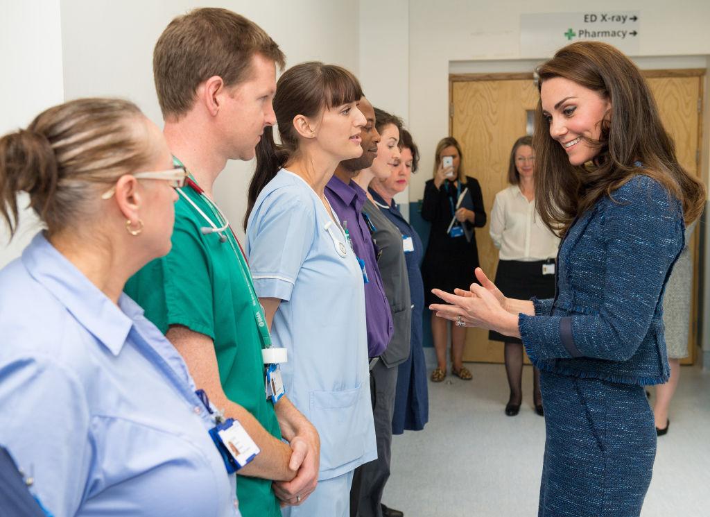 The Duchess of Cambridge meets hospital staff during a visit to Kings College Hospital in south London where she met staff and patients who were affected by the terrorist attacks in London Bridge and Borough Market, on June 12, 2017 in London, England. (Lipinski - WPA Pool / Getty Images)