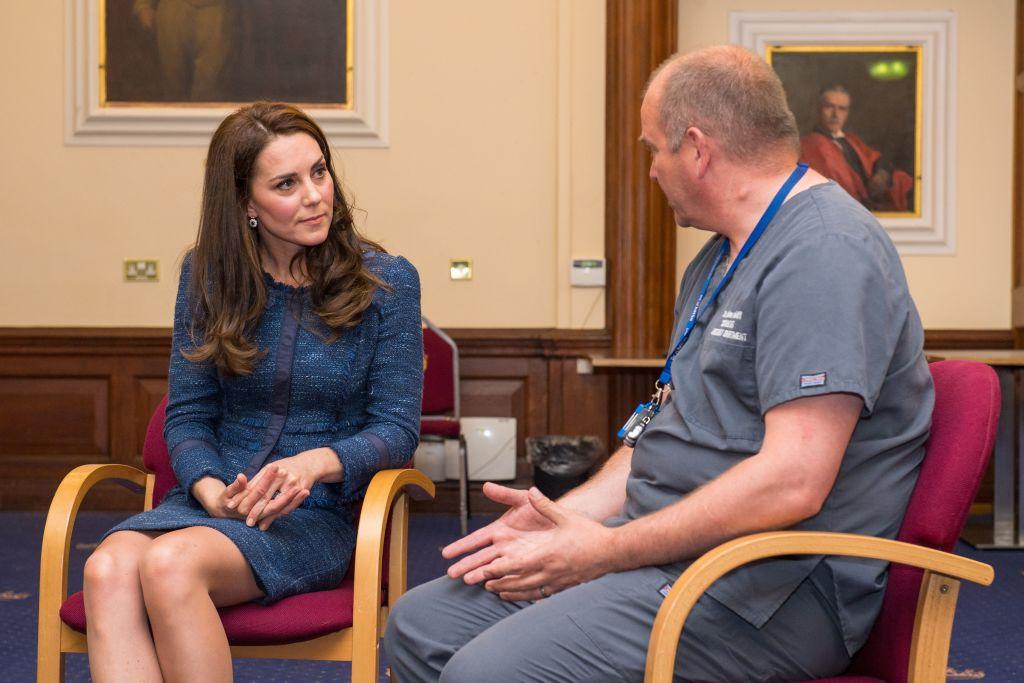Britain's Catherine, Duchess of Cambridge (L), speaks to Clinical Director and Consultant in Emergency Medicine Dr Malcolm Tunnicliff as she visits Kings College Hospital to meet staff and patients affected by the terrorist attacks at London Bridge and Borough Market on June 3, in south London on June 12, 2017. (DOMINIC LIPINSKI/AFP/Getty Images)