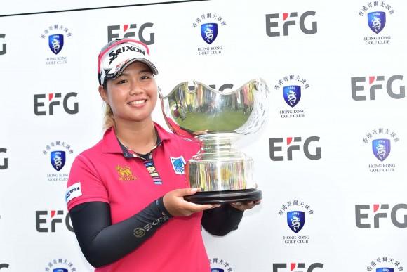Hong Kong Open winner Supamas Sangchan of Thailand poses with the EFG Hong Kong Ladies Open trophy at Fanling Golf Club, on Sunday June 11, 2017. (Bill Cox/Epoch Times)