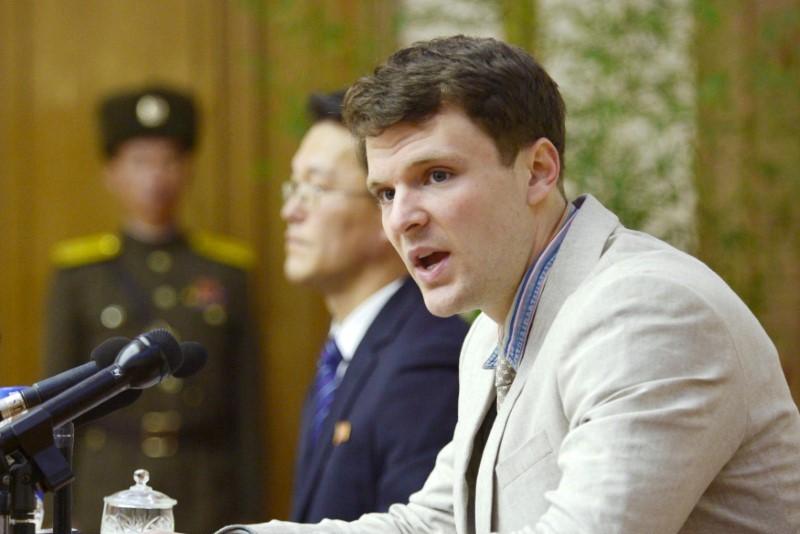 Otto Frederick Warmbier, a University of Virginia student who has been detained in North Korea since early January, attends a news conference in Pyongyang, North Korea, in this photo released by Kyodo on Feb. 29, 2016. (Mandatory credit REUTERS/Kyodo)