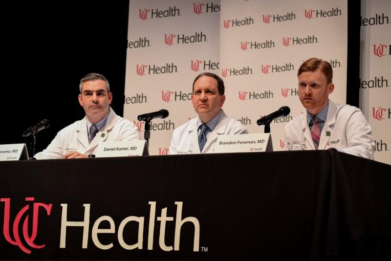 Dr. Jordan Bonomo (L), a Neurointensivist, Dr. Daniel Kanter (C), Medical Director of the Neuroscience Intensive Care Unit, and Dr. Brandon Forman (R), a Neurointensive Care Specialist, field questions about the condition and treatment of Otto Warmbier during a news conference at the University of Cincinnati Medical Center in Cincinnati, Ohio on June 15, 2017. (REUTERS/Bryan Woolston)