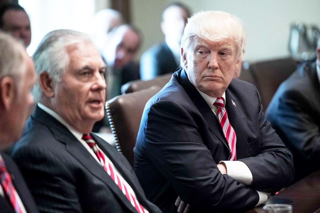 President Donald Trump listens to Secretary of State Rex Tillerson during a cabinet meeting at the White House in Washington on June 12, 2017. (NICHOLAS KAMM/AFP/Getty Images)