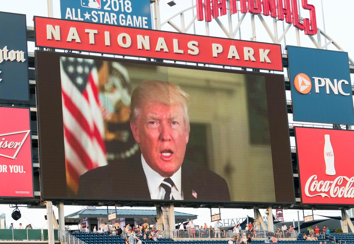 President Trump delivered a recorded video message to the game attendants at the Congressional Baseball Game on Thursday. (Paul Huang)