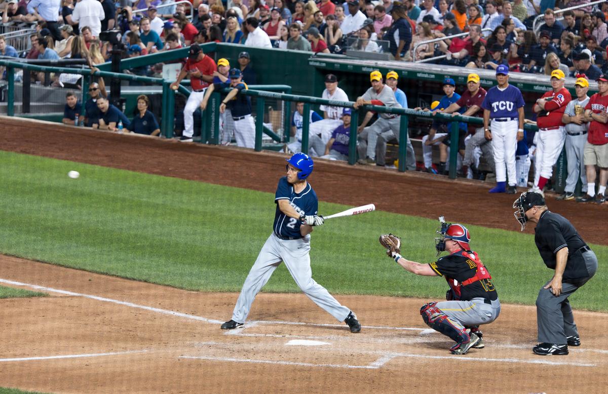 Democratic Rep. Jared Huffman (CA-02) batting at the Congressional Baseball Game. (Paul Huang)