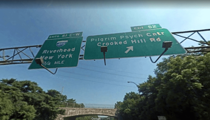A sign on the Sagtikos Parkway near Brentwood, NY, reads "Crooked Hill Rd". A similar sign reported on June 16 to be defaced to read "Crooked Hillary." (Screenshot / Google Maps)
