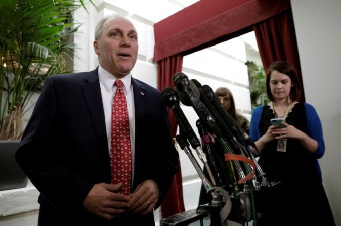 FILE PHOTO - House Majority Whip Steve Scalise (R-LA) speaks to reporters at the U.S. Capitol on May 4, 2017. (Kevin Lamarque/Reuters)