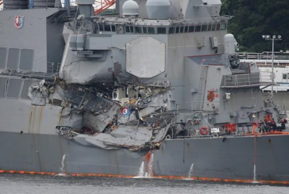 The Arleigh Burke-class guided-missile destroyer USS Fitzgerald, damaged by colliding with a Philippine-flagged merchant vessel, at the U.S. naval base in Yokosuka, Japan on June 18, 2017. (Toru Hanai/REUTERS)