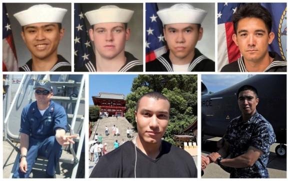 A combination photo of the sailors who dead identified by the U.S. Navy in the collision incident between U.S. Navy destroyer USS Fitzgerald and Philippine-flagged merchant vessel south of Tokyo Bay on June 17, 2017. Top row (L-R) Fire Controlman 2nd Class Carlos Victor Ganzon Sibayan, 23, from Chula Vista, CA; Gunner's Mate Seaman Dakota Kyle Rigsby, 19, from Palmyra, VA; Sonar Technician 3rd Class Ngoc T Truong Huynh, 25, from Oakville, CT; and Yeoman 3rd Class Shingo Alexander Douglass, 25, from San Diego, CA. Bottom row (L-R) Fire Controlman 1st Class Gary Leo Rehm Jr., from Elyria, OH; Personnel Specialist 1st Class Xavier Alec Martin, 24, from Halethorpe, MD; and Gunner's Mate 2nd Class Noe Hernandez, 26, from Weslaco, TX. (U.S. Navy/Handout via Reuters)