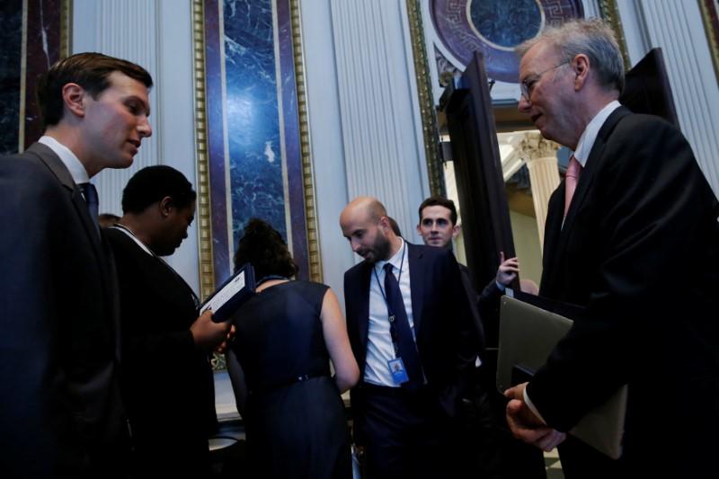 Alphabet Executive Chairman Eric Schmidt (R) speaks with White House senior adviser Jared Kushner (L) as tech company leaders gather at a summit of the American Technology Council at the Eisenhower Executive Office Building in Washington on June 19, 2017. (REUTERS/Jonathan Ernst)