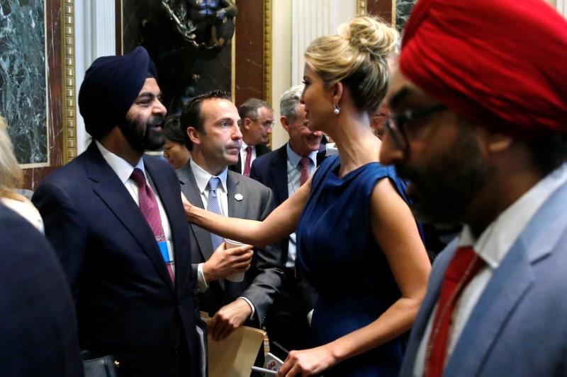 MasterCard CEO Ajay Banga (L) speaks with Ivanka Trump as tech company leaders gather at a summit of the American Technology Council at the Eisenhower Executive Office Building in Washington on June 19, 2017. (REUTERS/Jonathan Ernst)
