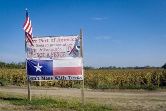 The sign Pamela Taylor erected in 2007, after the government decided to build border fencing in Brownsville, Texas.