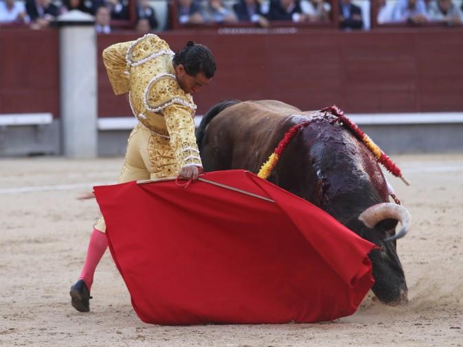 Spanish matador Ivan Fandino performs a pass to a bull during the San Isidro Feria at Las Ventas bullring in Madrid on June 4, 2014. (ALBERTO SIMON/AFP/Getty Images)