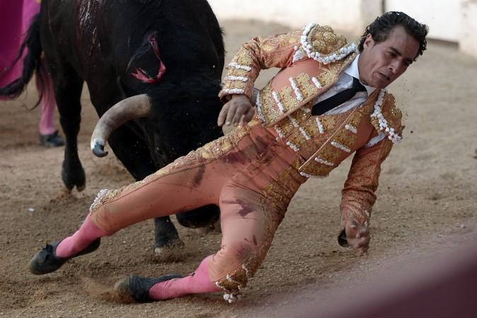 Graphic content / Spanish matador Ivan Fandino is impaled by a Baltasar Iban bull during a bullfight at the Corrida des Fetes on June 17, 2017 in Aire sur Adour, southwestern France. (IROZ GAIZKA/AFP/Getty Images)