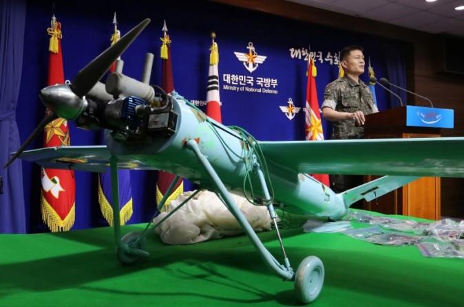 A small aircraft, which South Korea's Military says is a drone from North Korea, is seen at the Defense Ministry in Seoul, South Korea, June 21, 2017. (Lee Jung-hoon/Yonhap via Reuters)