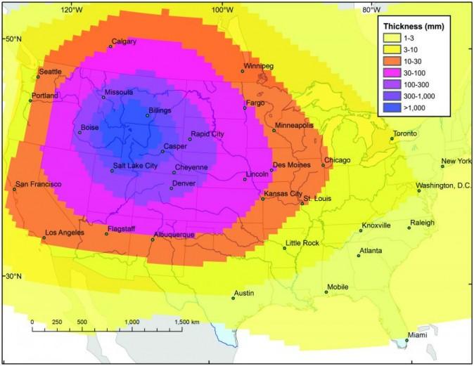 Model of ash distribution after a possible explosion of the Yellowstone supervolcano. (U.S. Geological Survey)