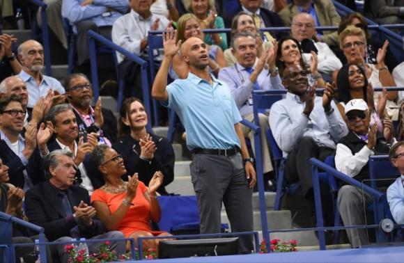 File Photo: Former player James Blake acknowledges the crowd during the match between Roger Federer of Switzerland and Stan Wawrinka of Switzerland on day twelve (Sep 11, 2015) of the 2015 U.S. Open tennis tournament at USTA Billie Jean King National Tennis Center on. (Robert Deutsch-USA TODAY Sports)