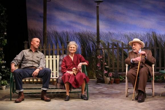 (L–R) Slim Murray (Larry Bull), Mrs. Mavis (Lynn Cohen) and a town resident (George Morfogen) show the once-upon-a-time affable quality of small town life. (Carol Rosegg)