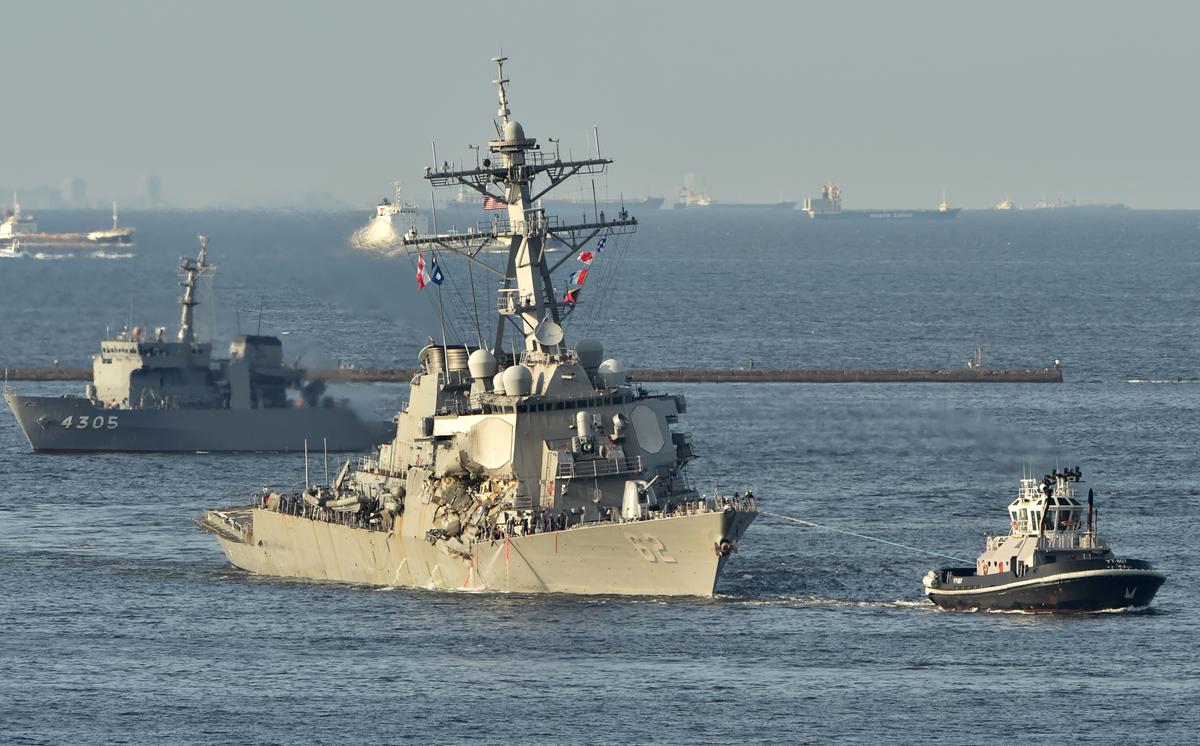 US Navy guided missile destroyer USS Fitzgerald arrives at its mother port US Naval Yokosuka Base, Kanagawa prefecture on June 17, 2017. (Kazuhiro Nogi/AFP/Getty Images)