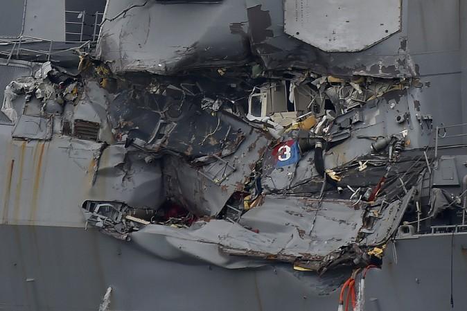 Damage to the guided missile destroyer USS Fitzgerald is seen as the vessel is berthed at its mother port in Yokosuka, southwest of Tokyo, on June 18, 2017. (Kazuhiro Nogi/AFP/Getty Images)
