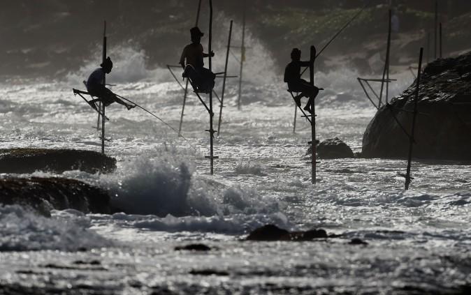 Sri Lankan stilt fishermen on their poles as they fish in the southern town of Galle on July 1. (ISHARA S. KODIKARA/AFP/Getty Images)