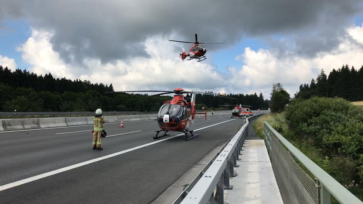 Helicopters at the site where a coach burst into flames after colliding with a lorry on a motorway near Muenchberg, Germany on July 3, 2017. (REUTERS/News 5.)