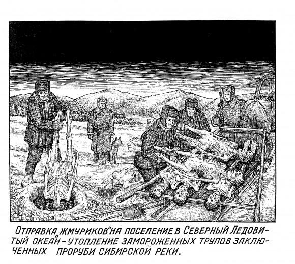 Disposal of execution victims in the Arctic Ocean. From "Drawings from the Gulag" by Danzig Baldaev, published by Fuel Publishing. (Courtesy of Fuel Publishing)