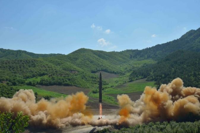 The intercontinental ballistic missile Hwasong-14 is seen during its test launch. The launch came days before leaders from the Group of 20 nations were due to discuss steps to rein in North Korea's weapons program, which it has pursued in defiance of U.N. Security Council sanctions. (KCNA/via REUTERS)