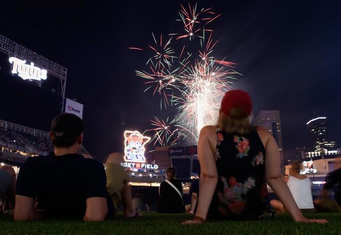 The Minnesota Twins baseball team set off fireworks in honor of the the Fourth of July after the game against the Los Angeles Angels of Anaheim at Target Field in Minneapolis, Minn., on July 3, 2017. (Hannah Foslien/Getty Images)