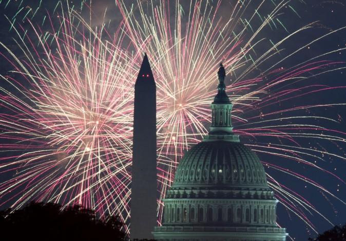 Fireworks explode over the National Mall with the US Capitol and National Monument in the foreground in Washington on July 4. (PAUL J. RICHARDS/AFP/Getty Images)