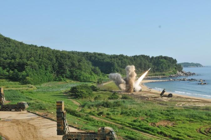 An M270 Multiple Launch Rocket System from a Republic of Korea/United States Combined Division, fires an MGM-140 Army Tactical Missile into the East Sea, July 5, 2017. (Eighth United States Army)