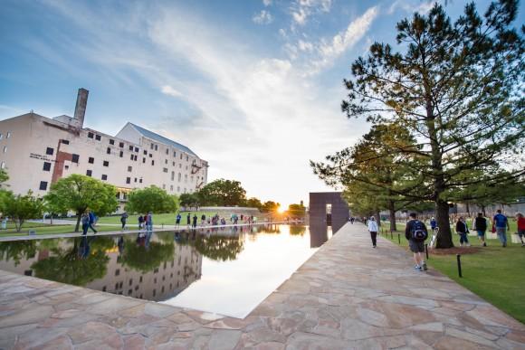 The reflecting pool at the Oklahoma City National Memorial and Museum. The museum commemorates the bomb attack on the Alfred P. Murrah Federal Building in downtown Oklahoma City in 1995. (Oklahoma City Convention & Visitors Bureau)