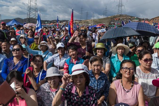 Mongolian supporters listen the speech of Mongolian presidential election candidate Battulga Khaltmaa from the Mongolian Democracy Party during a rally in Ulan Bator, on June 23, 2017. (Fred Dofour/AFP/Getty Images)