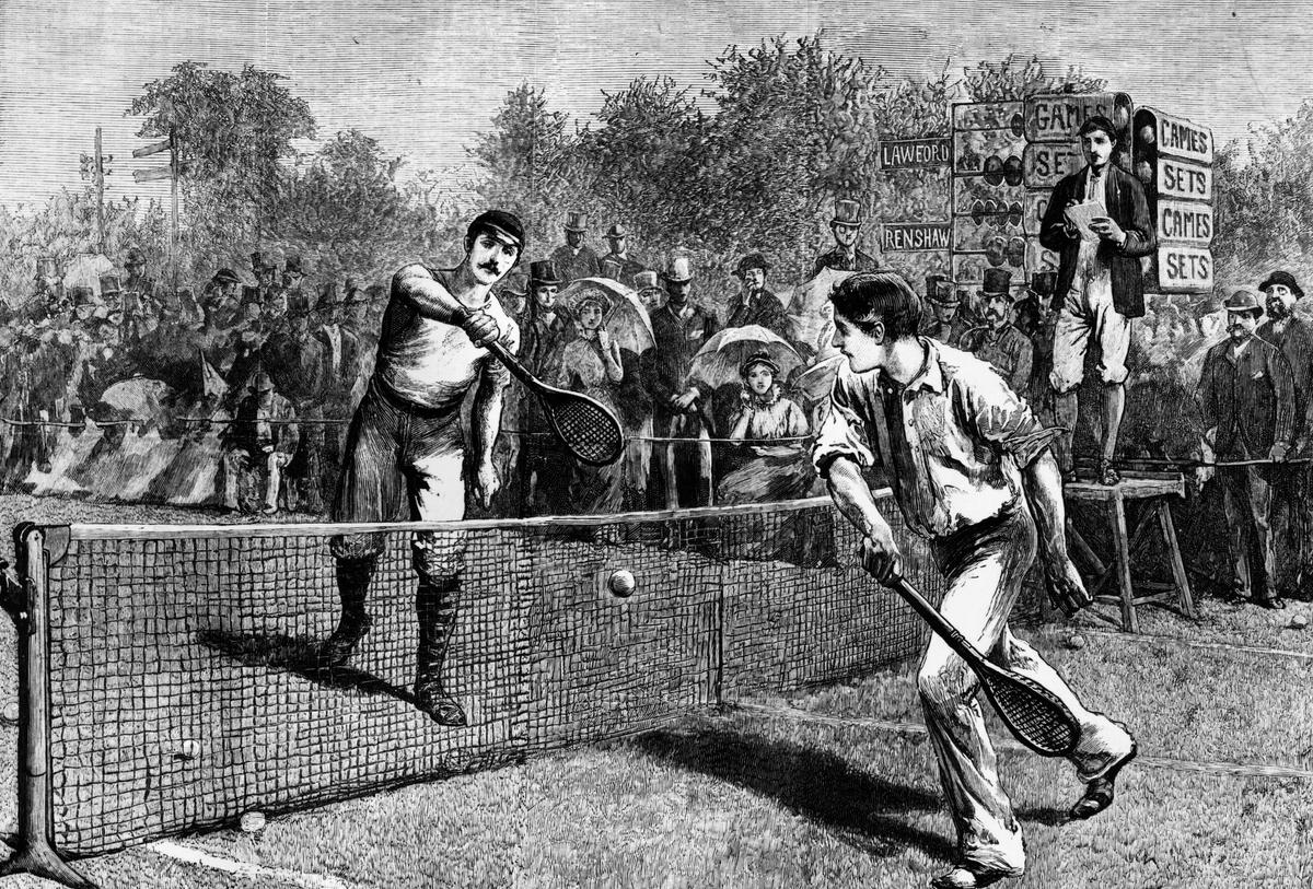 British tennis player William Renshaw and H F Lawford playing for the Men's Singles Title at Wimbledon, which Renshaw won. Original Publication: The Graphic (Hulton Archive/Getty Images)